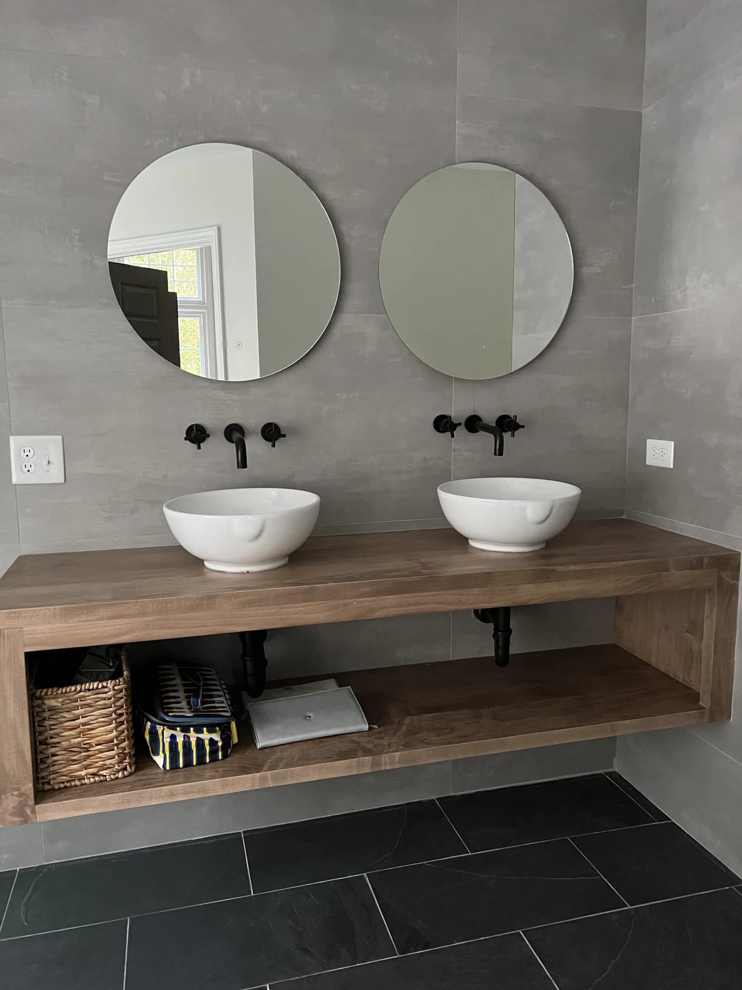 Melbourne floating double vanity with two vessel sinks and an open shelf